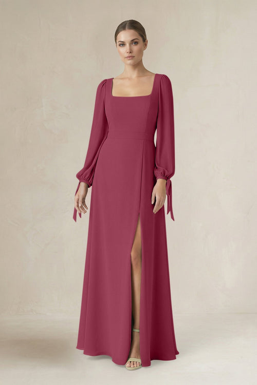 Square Neck Long Sleeve A-Line Chiffon Bridesmaid Dress in Desert Rose - KissProm BRIDESMAID DRESSES