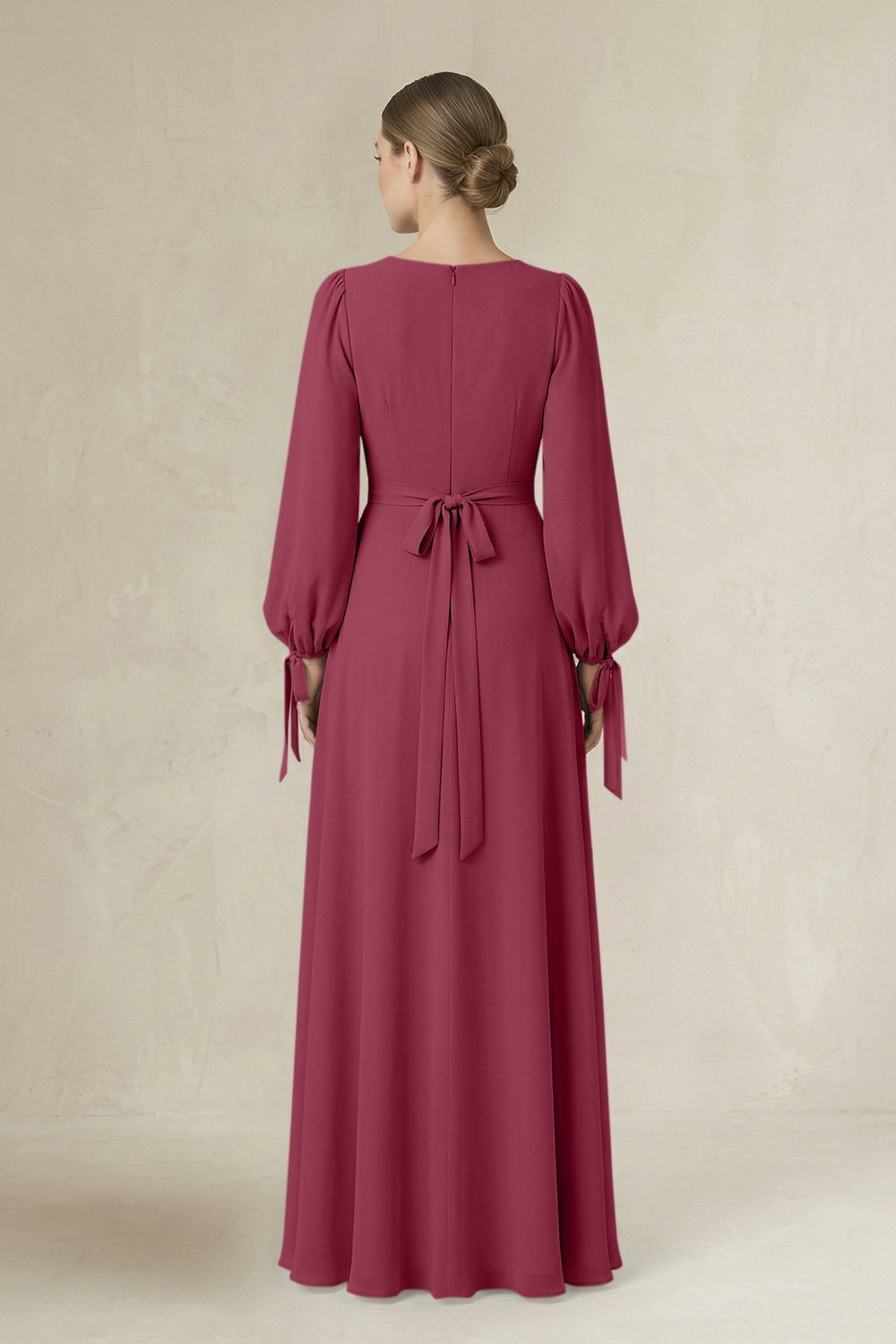 Square Neck Long Sleeve A-Line Chiffon Bridesmaid Dress in Desert Rose - KissProm BRIDESMAID DRESSES