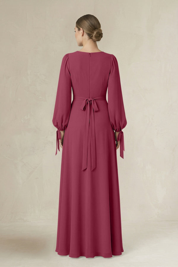 Square Neck Long Sleeve A-Line Chiffon Bridesmaid Dress in Desert Rose - KissProm BRIDESMAID DRESSES