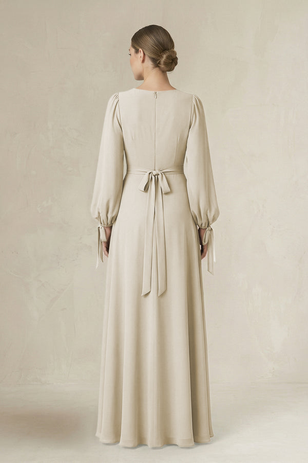 Square Neck Long Sleeve A-Line Chiffon Bridesmaid Dress in Dove Gray - KissProm BRIDESMAID DRESSES