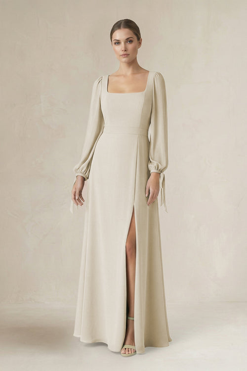 Square Neck Long Sleeve A-Line Chiffon Bridesmaid Dress in Dove Gray - KissProm BRIDESMAID DRESSES