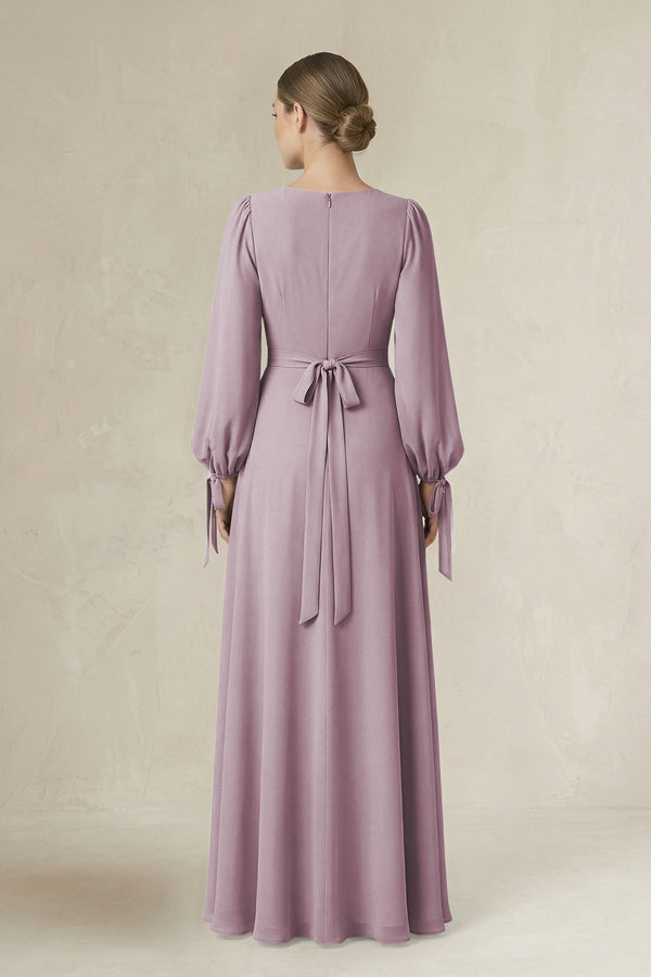Square Neck Long Sleeve A-Line Chiffon Bridesmaid Dress in Dusk - KissProm BRIDESMAID DRESSES