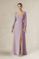 Square Neck Long Sleeve A-Line Chiffon Bridesmaid Dress in Dusk - KissProm BRIDESMAID DRESSES