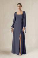 Square Neck Long Sleeve A-Line Chiffon Bridesmaid Dress in Dusk Blue - KissProm BRIDESMAID DRESSES