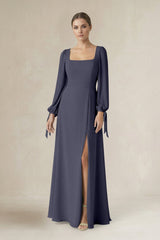 Square Neck Long Sleeve A-Line Chiffon Bridesmaid Dress in Dusk Blue - KissProm BRIDESMAID DRESSES