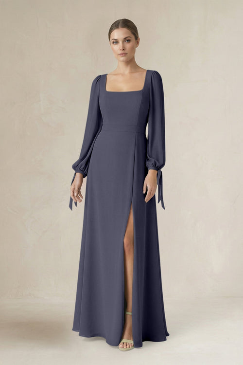 Square Neck Long Sleeve A-Line Chiffon Bridesmaid Dress in Dusk Blue - KissProm BRIDESMAID DRESSES