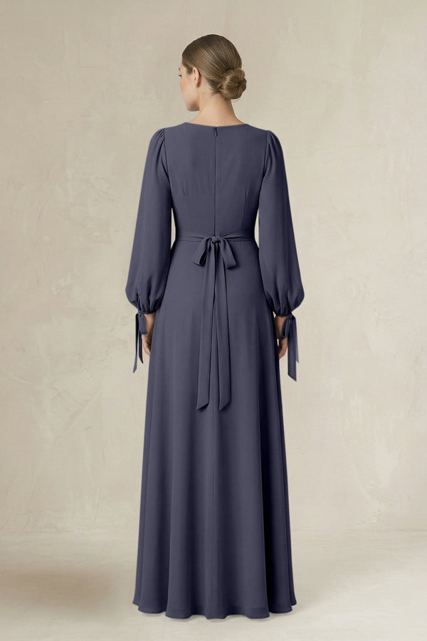 Square Neck Long Sleeve A-Line Chiffon Bridesmaid Dress in Dusk Blue - KissProm BRIDESMAID DRESSES