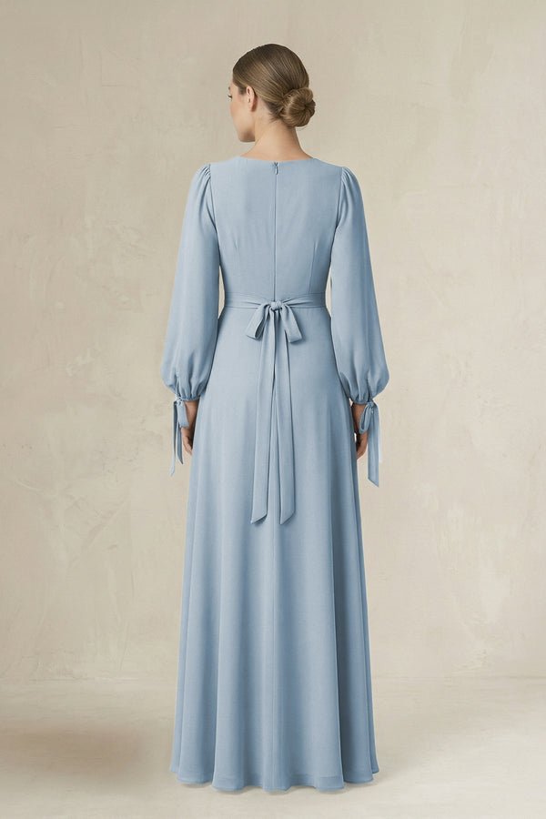 Square Neck Long Sleeve A-Line Chiffon Bridesmaid Dress in Dusty Blue - KissProm BRIDESMAID DRESSES