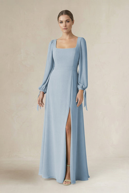 Square Neck Long Sleeve A-Line Chiffon Bridesmaid Dress in Dusty Blue - KissProm BRIDESMAID DRESSES