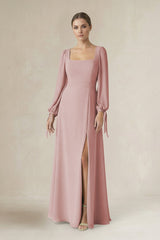Square Neck Long Sleeve A-Line Chiffon Bridesmaid Dress in Dusty Rose - KissProm BRIDESMAID DRESSES