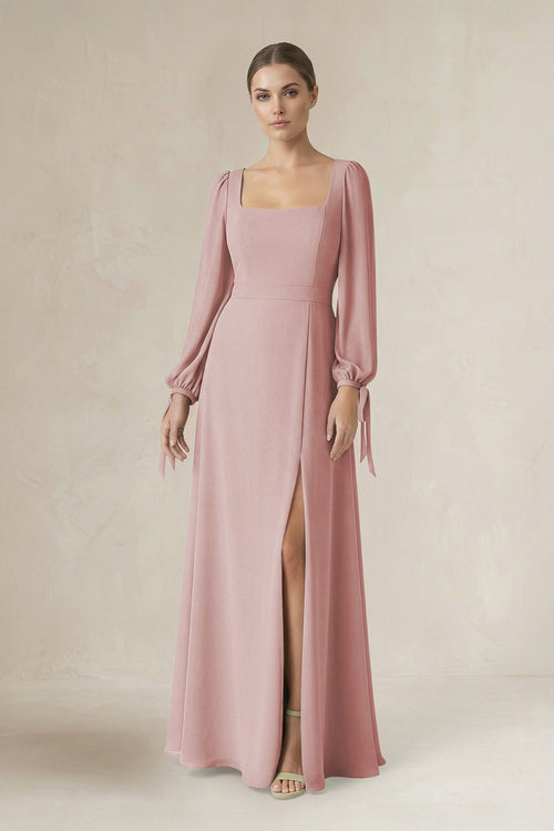 Square Neck Long Sleeve A-Line Chiffon Bridesmaid Dress in Dusty Rose - KissProm BRIDESMAID DRESSES
