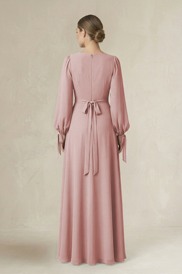 Square Neck Long Sleeve A-Line Chiffon Bridesmaid Dress in Dusty Rose - KissProm BRIDESMAID DRESSES