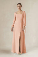 Square Neck Long Sleeve A-Line Chiffon Bridesmaid Dress in English Rose - KissProm BRIDESMAID DRESSES