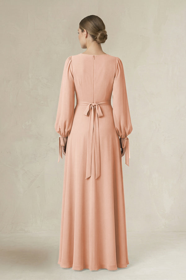Square Neck Long Sleeve A-Line Chiffon Bridesmaid Dress in English Rose - KissProm BRIDESMAID DRESSES