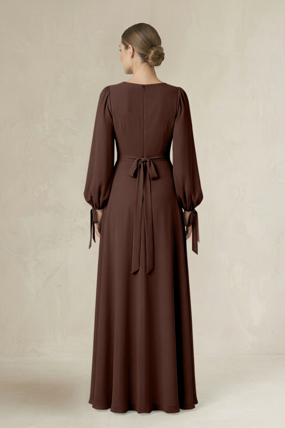 Square Neck Long Sleeve A-Line Chiffon Bridesmaid Dress in Espresso - KissProm BRIDESMAID DRESSES