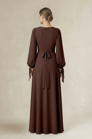 Square Neck Long Sleeve A-Line Chiffon Bridesmaid Dress in Espresso - KissProm BRIDESMAID DRESSES