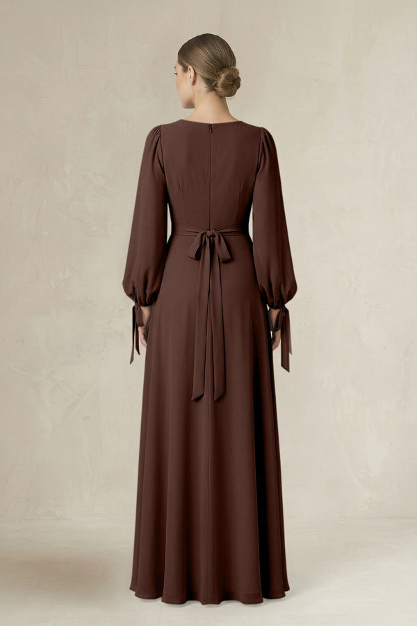 Square Neck Long Sleeve A-Line Chiffon Bridesmaid Dress in Espresso - KissProm BRIDESMAID DRESSES