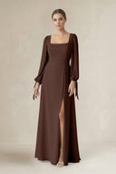 Square Neck Long Sleeve A-Line Chiffon Bridesmaid Dress in Espresso - KissProm BRIDESMAID DRESSES
