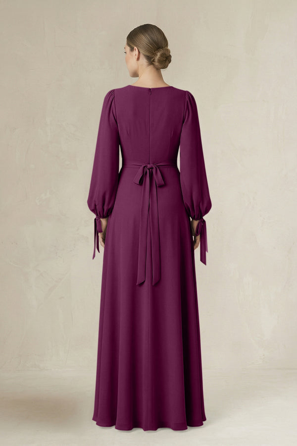 Square Neck Long Sleeve A-Line Chiffon Bridesmaid Dress in Fig - KissProm BRIDESMAID DRESSES
