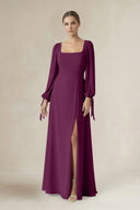 Square Neck Long Sleeve A-Line Chiffon Bridesmaid Dress in Fig - KissProm BRIDESMAID DRESSES