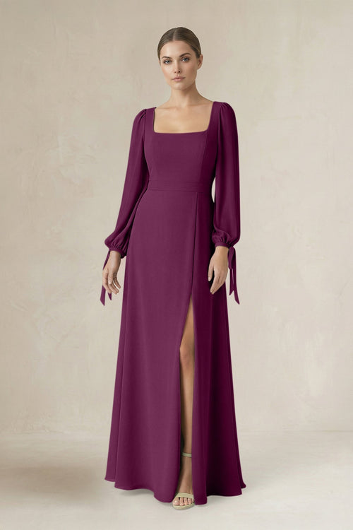 Square Neck Long Sleeve A-Line Chiffon Bridesmaid Dress in Fig - KissProm BRIDESMAID DRESSES