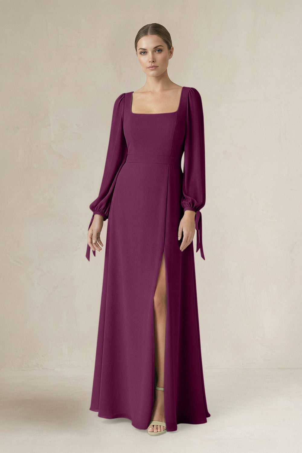Square Neck Long Sleeve A-Line Chiffon Bridesmaid Dress in Fig - KissProm BRIDESMAID DRESSES