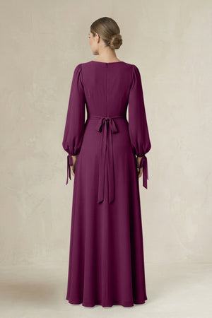 Square Neck Long Sleeve A-Line Chiffon Bridesmaid Dress in Fig - KissProm BRIDESMAID DRESSES
