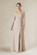 Square Neck Long Sleeve A-Line Chiffon Bridesmaid Dress in Frost - KissProm BRIDESMAID DRESSES