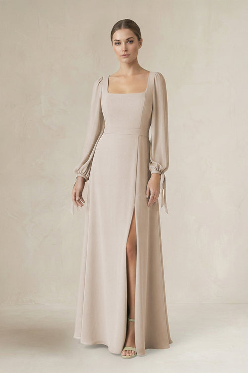 Square Neck Long Sleeve A-Line Chiffon Bridesmaid Dress in Frost - KissProm BRIDESMAID DRESSES