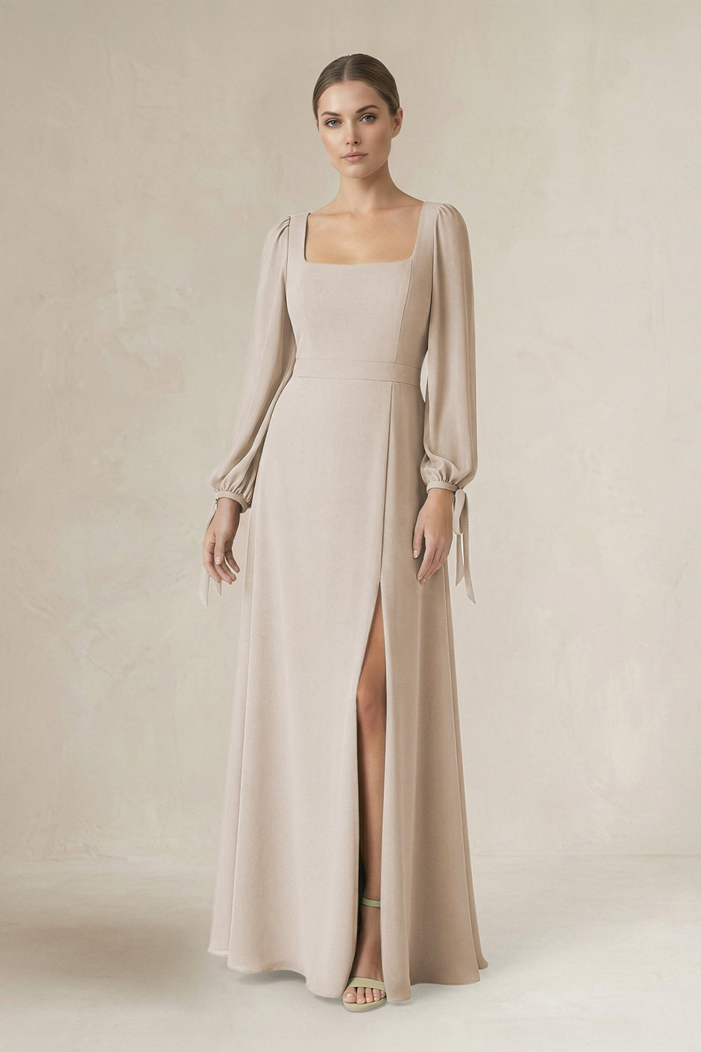 Square Neck Long Sleeve A-Line Chiffon Bridesmaid Dress in Frost - KissProm BRIDESMAID DRESSES
