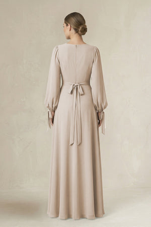 Square Neck Long Sleeve A-Line Chiffon Bridesmaid Dress in Frost - KissProm BRIDESMAID DRESSES