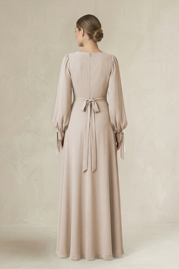 Square Neck Long Sleeve A-Line Chiffon Bridesmaid Dress in Frost - KissProm BRIDESMAID DRESSES