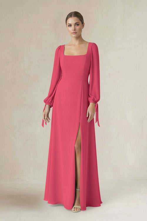 Square Neck Long Sleeve A-Line Chiffon Bridesmaid Dress in Fuchsia - KissProm BRIDESMAID DRESSES