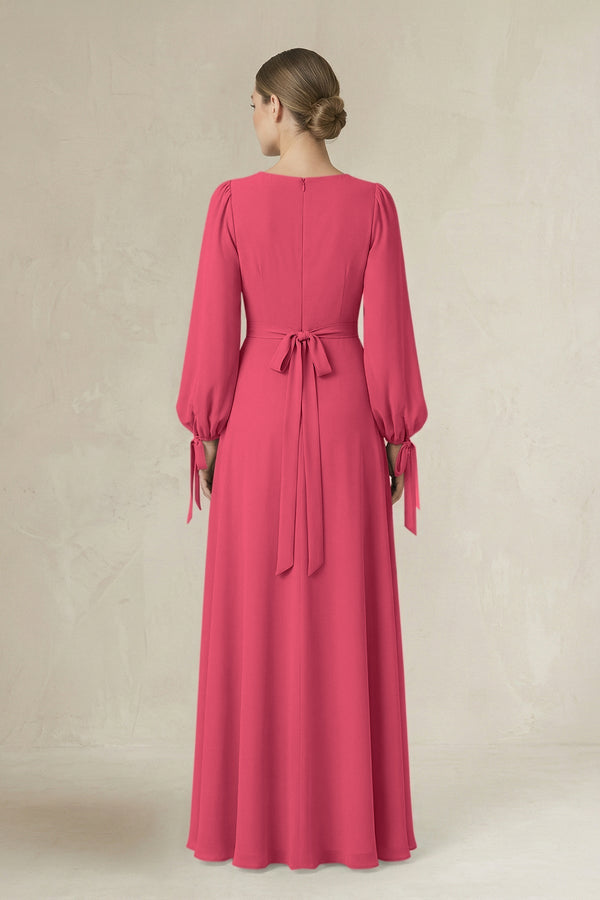 Square Neck Long Sleeve A-Line Chiffon Bridesmaid Dress in Fuchsia - KissProm BRIDESMAID DRESSES
