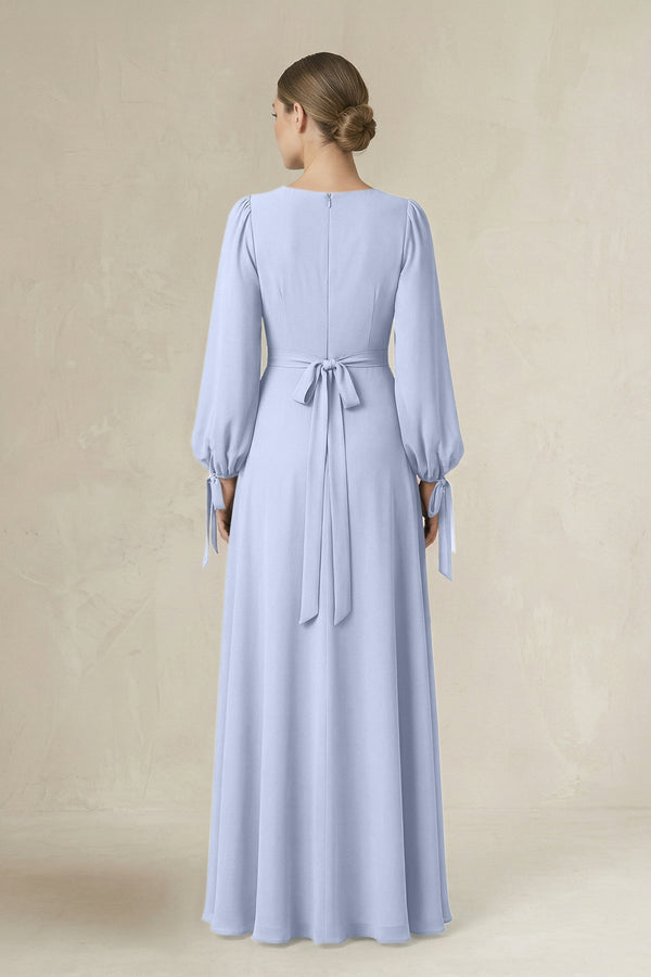 Square Neck Long Sleeve A-Line Chiffon Bridesmaid Dress in Ice - KissProm BRIDESMAID DRESSES
