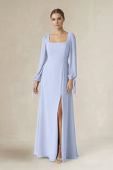 Square Neck Long Sleeve A-Line Chiffon Bridesmaid Dress in Ice - KissProm BRIDESMAID DRESSES