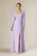 Square Neck Long Sleeve A-Line Chiffon Bridesmaid Dress in Lavender - KissProm BRIDESMAID DRESSES