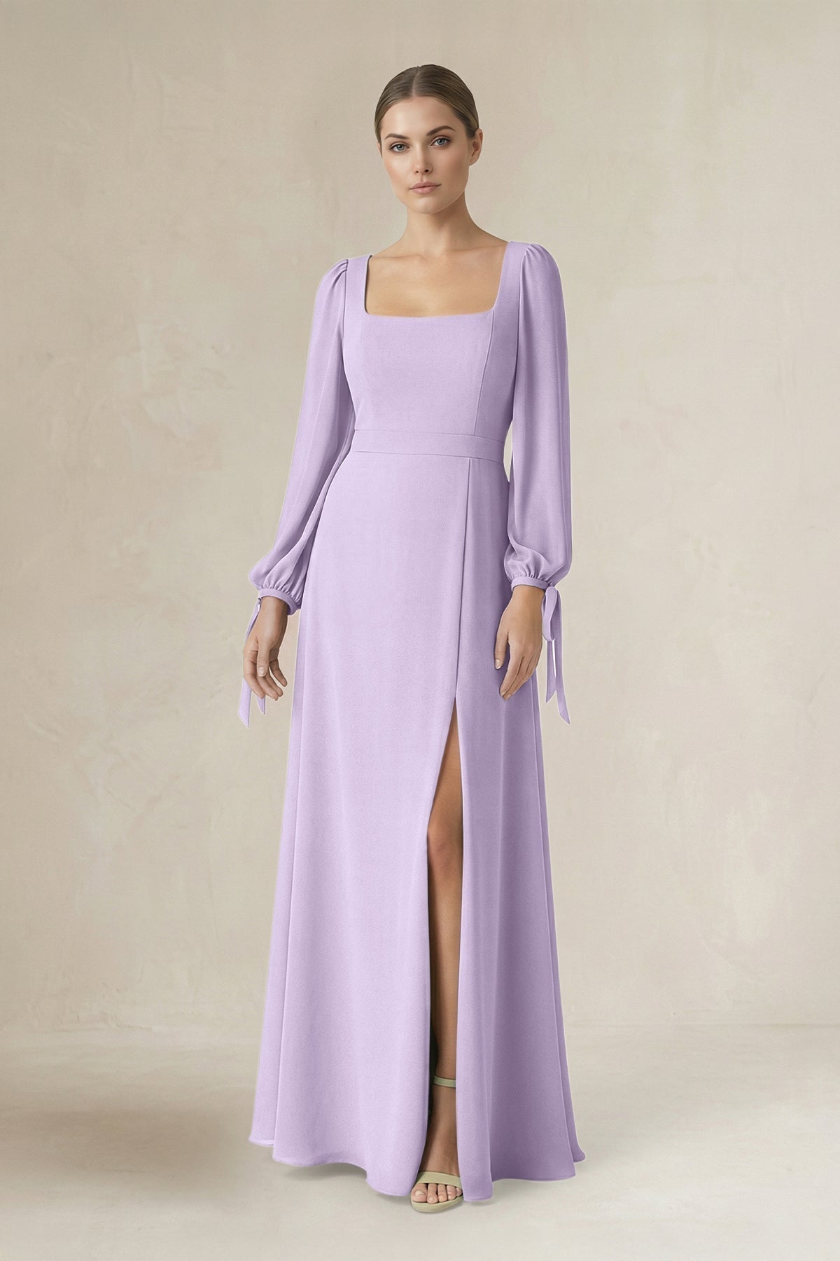 KissProm Square Neck Long Sleeve A-Line Chiffon Bridesmaid Dress in Lavender, Lavender / 22