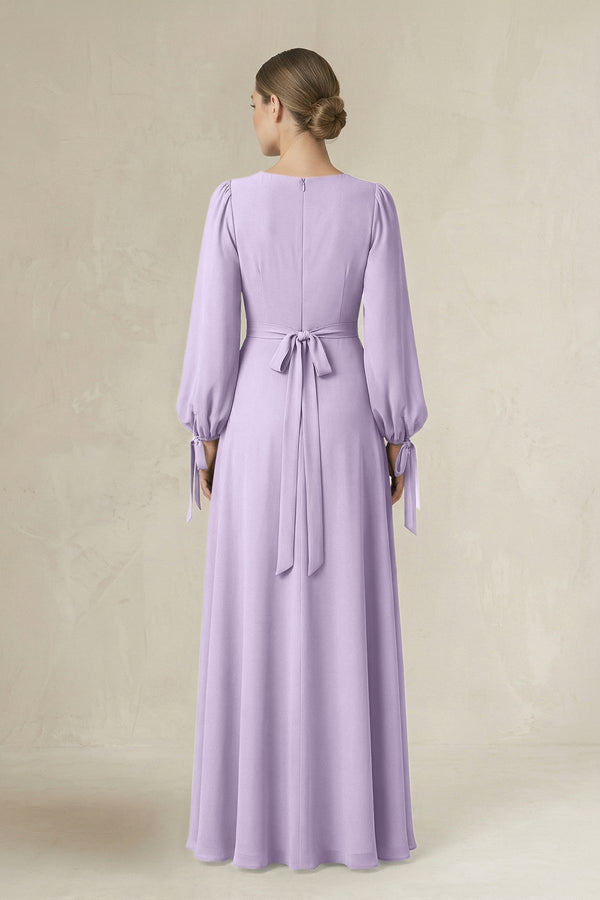 Square Neck Long Sleeve A-Line Chiffon Bridesmaid Dress in Lavender - KissProm BRIDESMAID DRESSES