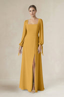 Square Neck Long Sleeve A-Line Chiffon Bridesmaid Dress in Marigold - KissProm BRIDESMAID DRESSES