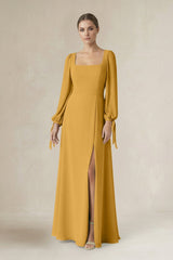 Square Neck Long Sleeve A-Line Chiffon Bridesmaid Dress in Marigold - KissProm BRIDESMAID DRESSES