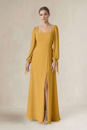 Square Neck Long Sleeve A-Line Chiffon Bridesmaid Dress in Marigold - KissProm BRIDESMAID DRESSES