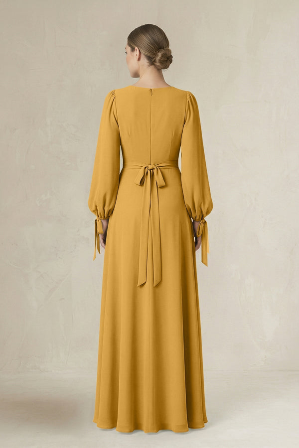 Square Neck Long Sleeve A-Line Chiffon Bridesmaid Dress in Marigold - KissProm BRIDESMAID DRESSES