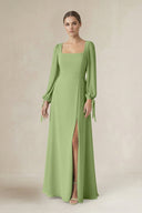 Square Neck Long Sleeve A-Line Chiffon Bridesmaid Dress in Matcha - KissProm BRIDESMAID DRESSES