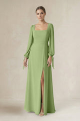 Square Neck Long Sleeve A-Line Chiffon Bridesmaid Dress in Matcha - KissProm BRIDESMAID DRESSES