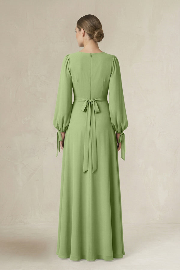 Square Neck Long Sleeve A-Line Chiffon Bridesmaid Dress in Matcha - KissProm BRIDESMAID DRESSES