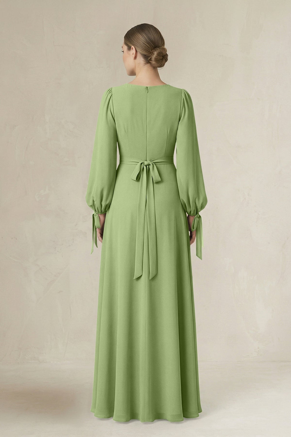 Square Neck Long Sleeve A-Line Chiffon Bridesmaid Dress in Matcha - KissProm BRIDESMAID DRESSES