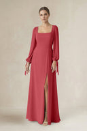 Square Neck Long Sleeve A-Line Chiffon Bridesmaid Dress in Merlot - KissProm BRIDESMAID DRESSES
