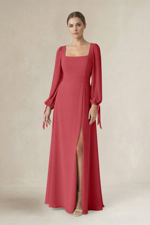 Square Neck Long Sleeve A-Line Chiffon Bridesmaid Dress in Merlot - KissProm BRIDESMAID DRESSES