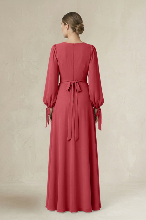 Square Neck Long Sleeve A-Line Chiffon Bridesmaid Dress in Merlot - KissProm BRIDESMAID DRESSES
